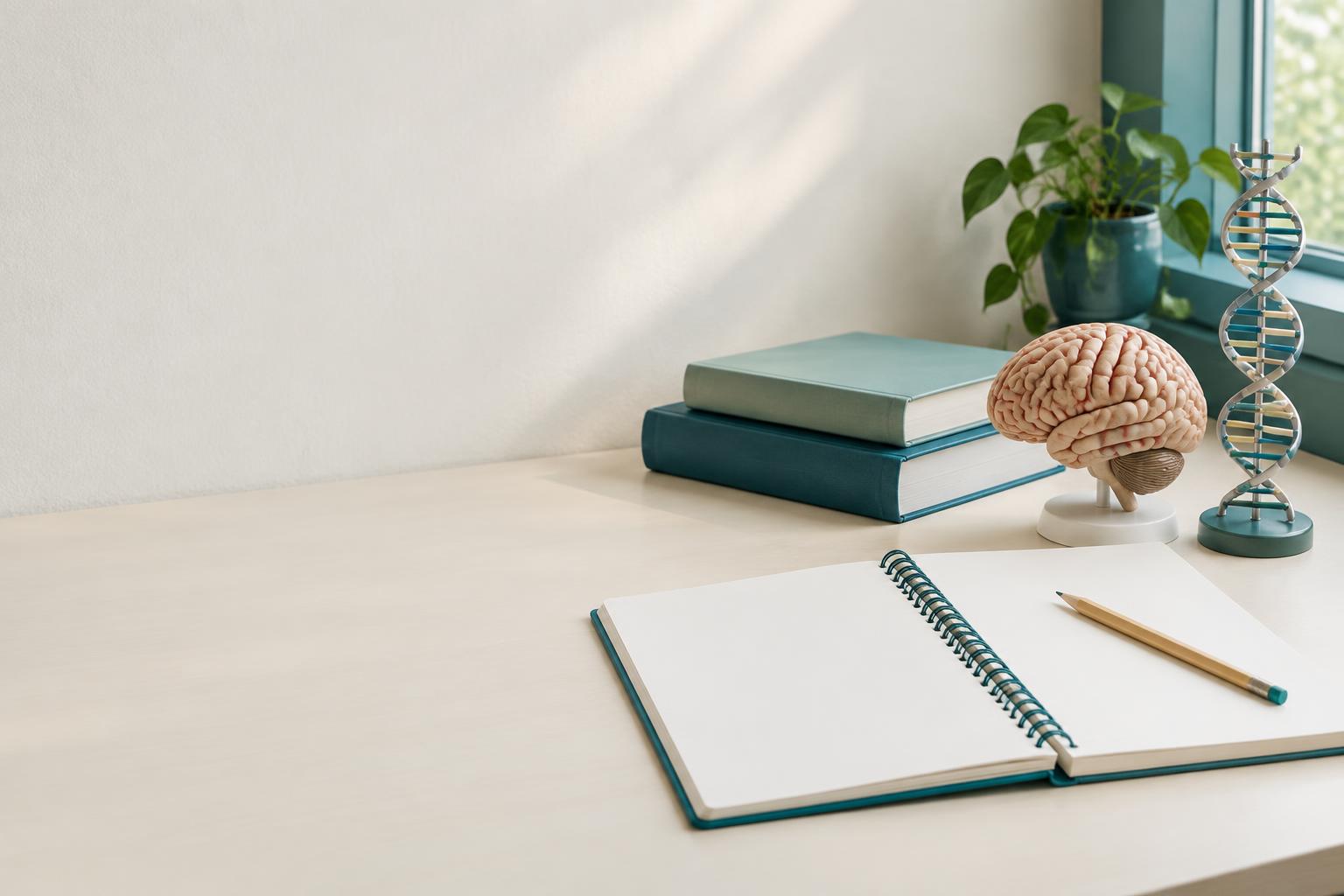 Livros, caderno e modelos de cérebro e DNA em uma mesa de estudos
